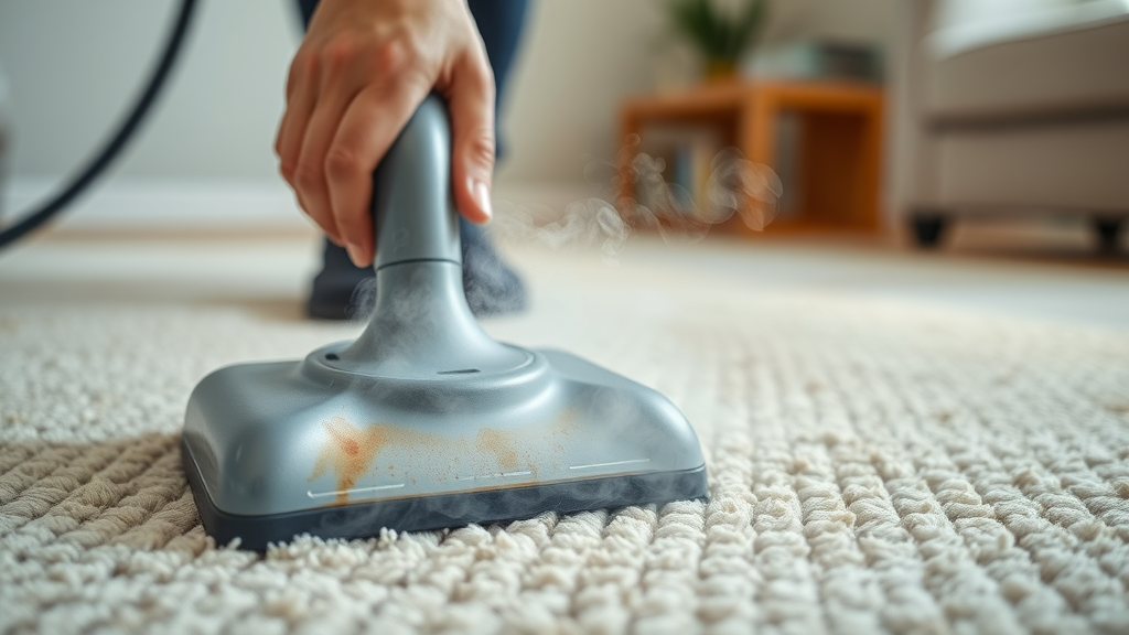 Expert using steam cleaner on stained carpet fibers, showing carpet cleaning