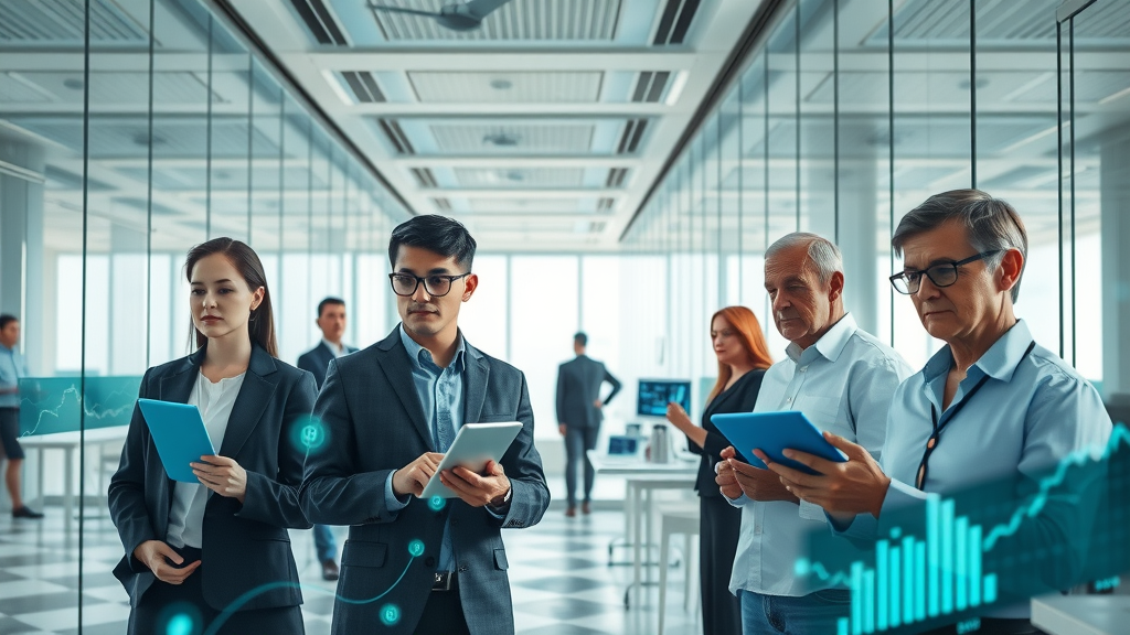 Professionals using DeFi trading bots in a high-tech workspace